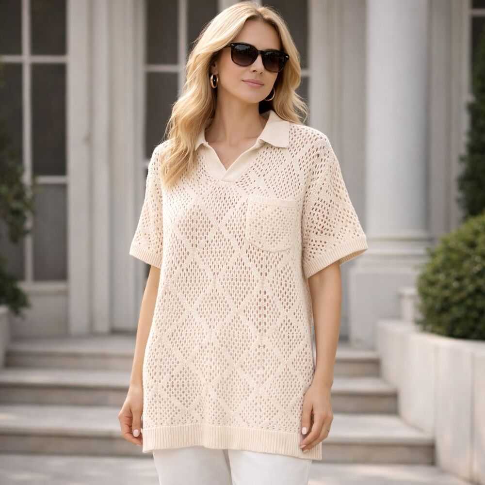 MASSIVE LUXURY New Knit Crochet Polo Shirt 100% Cotton Beige MEDIUM  Unisex